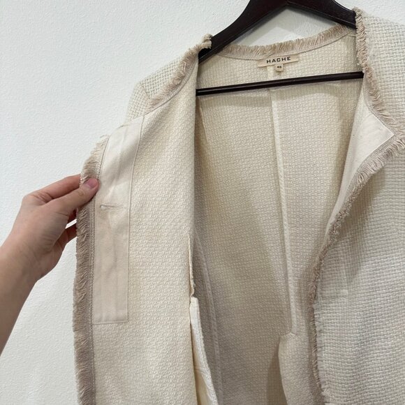 Hache Cream Tweed Blazer with Fringe Hem - Picture 8 of 9